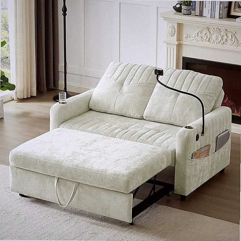 53.9" Modern Loveseat Pull-out Sofa Bed w/Adjustable Backrest,Two Cup Holders