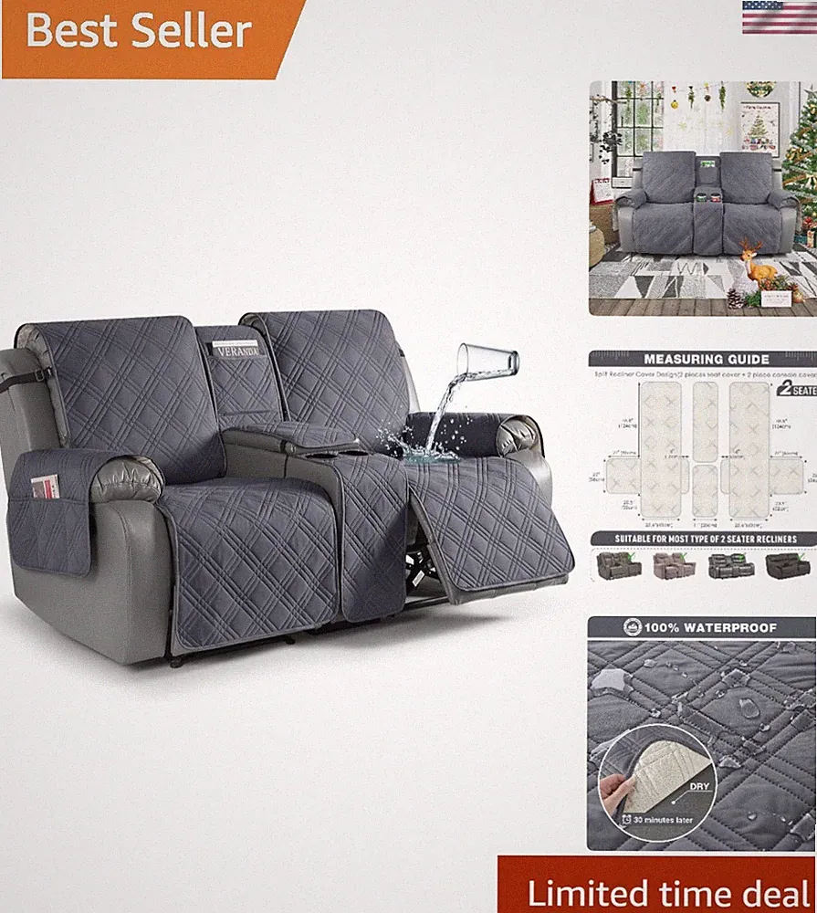 Deluxe Non-Slip 2 Seater Loveseat Recliner Cover, Washable & Durable, Dark Grey