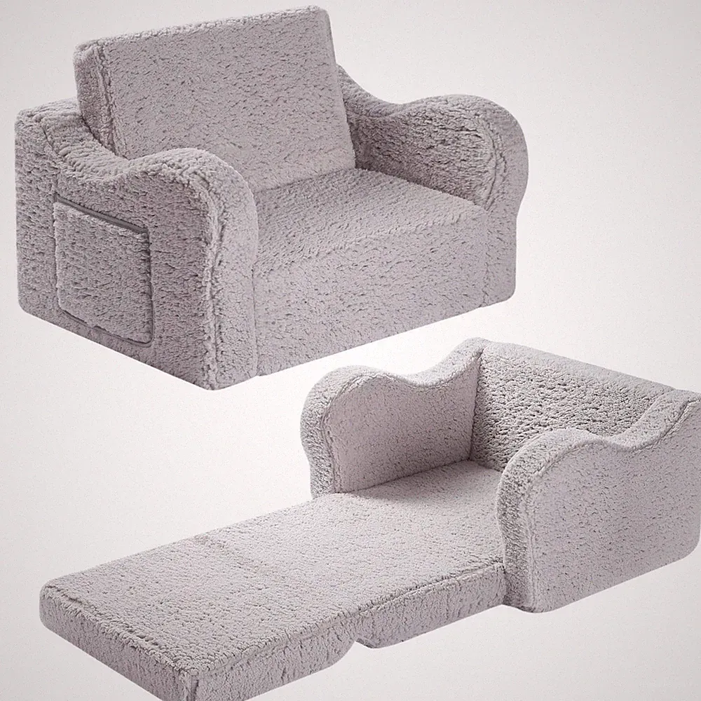 Kids Sofa, 2-in-1 Flip-Out Foam Couch with Soft Sherpa Cover, Cozy Play Loung...