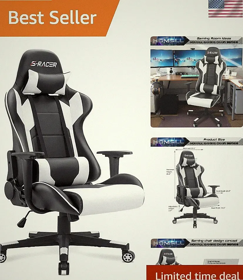 Luxury White Racing Style Gaming Chair with Lumbar Support & Reclining Function