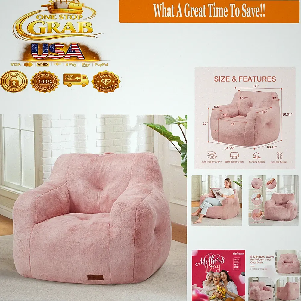 Pink Faux Fur Bean Bag Chair for Adults, Foam Filled, Ready to Use