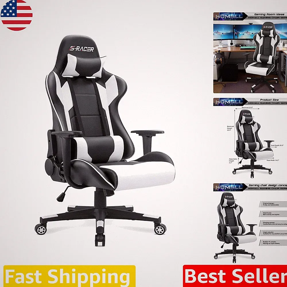 White Executive Gaming Chair: Ergonomic PU Leather, 300lb Capacity, Reclining
